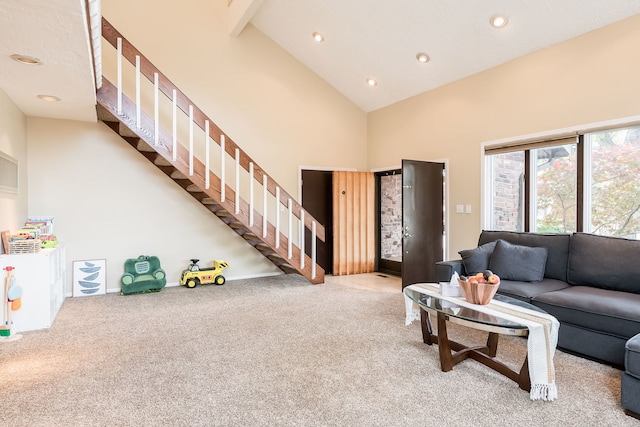 16 Lucas Dr, Palos Hills, IL 60465 - carpeted living area with stairway, high vaulted ceiling, beam ceiling, and recessed lighting