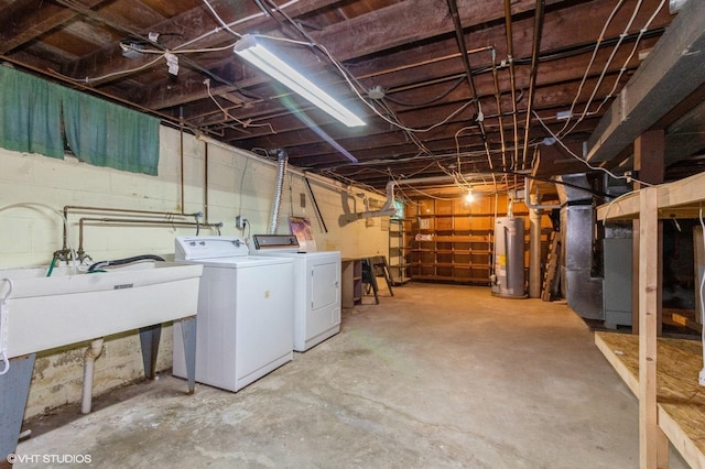 170 Wallace St, New Lenox, IL 60451 - unfinished basement featuring water heater, washing machine and dryer, heating unit, and a sink