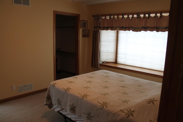 carpeted bedroom with a closet, baseboards, and a spacious closet