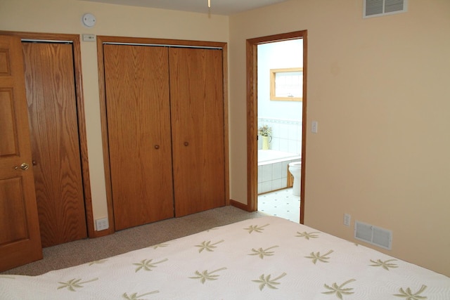 bedroom with carpet floors, multiple closets, and ensuite bath