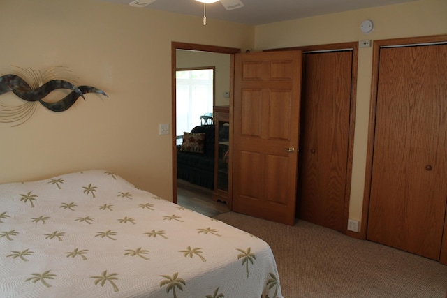 carpeted bedroom with multiple closets