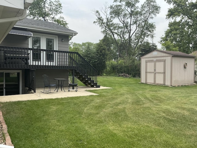 1000 S Ahrens Ave, Lombard, IL 60148 - view of yard featuring stairway, a storage shed, a patio area, and a wooden deck