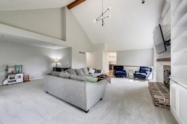 2481 Benton St, Palatine, IL 60067 - living area with light colored carpet, high vaulted ceiling, a fireplace, beam ceiling, and a chandelier