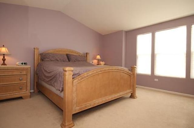 254 S Cranberry St, Bolingbrook, IL 60490 - bedroom featuring light carpet, vaulted ceiling, and baseboards