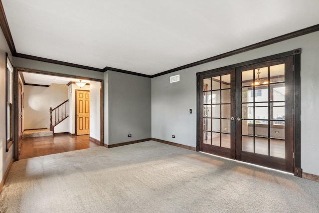 1715 Chestnut Hill Rd, Plainfield, IL 60586 - carpeted spare room with french doors, crown molding, baseboards, and stairway