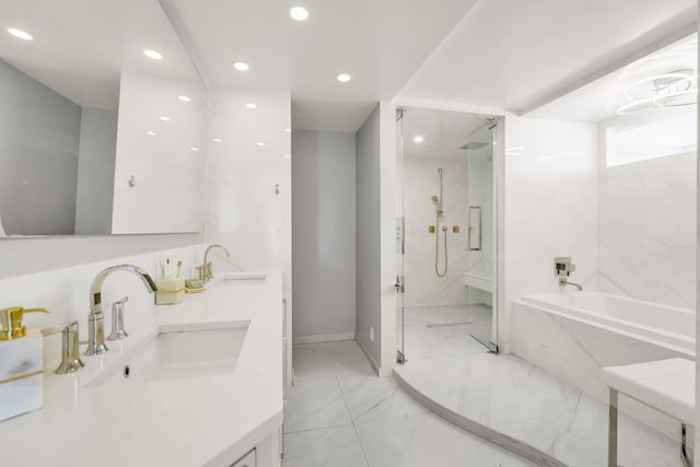 405 N Wabash Ave Unit 4308, Chicago, IL 60611 - full bath featuring a marble finish shower, a garden tub, double vanity, marble look tiles, and recessed lighting