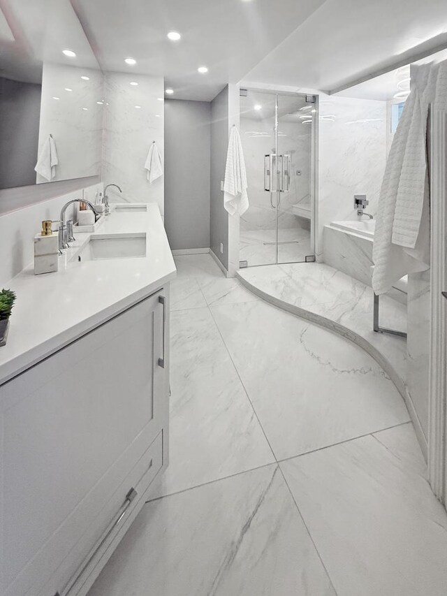 405 N Wabash Ave Unit 4308, Chicago, IL 60611 - full bath featuring marble look tile flooring, double vanity, a marble finish shower, a bath, and recessed lighting