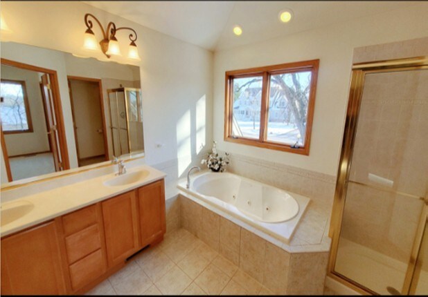 4301 Hickory Hill Ct, Johnsburg, IL 60051 - bathroom with a shower stall, a whirlpool tub, double vanity, tile patterned flooring, and vaulted ceiling