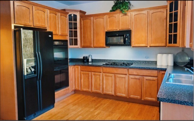 4301 Hickory Hill Ct, Johnsburg, IL 60051 - kitchen with black appliances, light wood-style flooring, glass insert cabinets, dark countertops, and a sink
