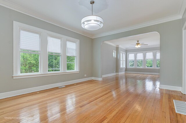 12155 S Normal Ave, Chicago, IL 60628 - spare room featuring arched walkways, baseboards, light wood-type flooring, ornamental molding, and ceiling fan