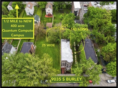 9035 S Burley Ave, Chicago, IL 60617 - aerial overview of property's location featuring property parcel outlined