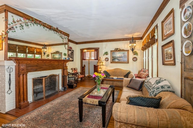 10716 S Hoyne Ave, Chicago, IL 60643 - living room featuring wood finished floors, crown molding, and a brick fireplace