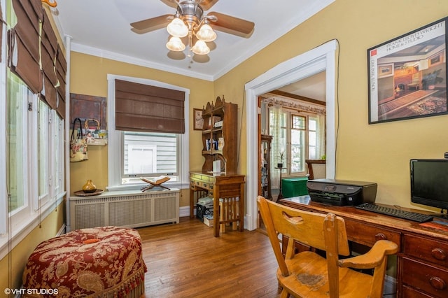 10716 S Hoyne Ave, Chicago, IL 60643 - office featuring radiator, wood finished floors, ornamental molding, and a ceiling fan