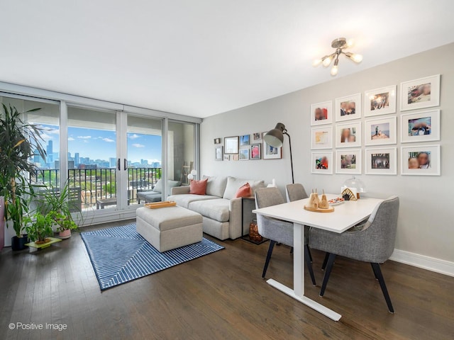 1960 N Lincoln Park W Unit 1008, Chicago, IL 60614 - living room featuring dark wood-style flooring, a chandelier, baseboards, and a city view
