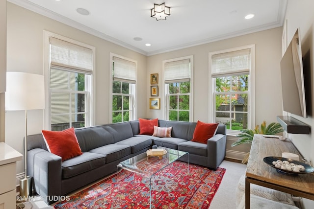 1224 Hinman Ave, Evanston, IL 60202 - living room with healthy amount of natural light, ornamental molding, carpet flooring, and recessed lighting