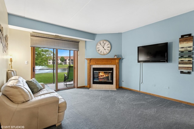 18513 Pine Lake Dr Unit 1, Tinley Park, IL 60477 - living area with carpet flooring, baseboards, and a tile fireplace
