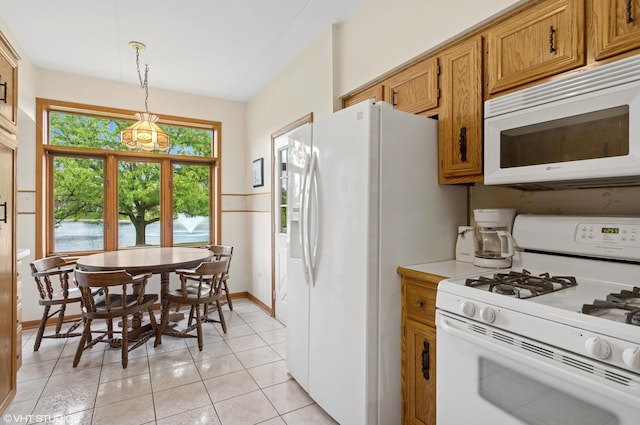 18513 Pine Lake Dr Unit 1, Tinley Park, IL 60477 - kitchen with white appliances, pendant lighting, brown cabinets, light tile patterned floors, and light countertops