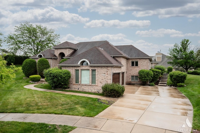 10801 Jillian Rd, Orland Park, IL 60467 - french country inspired facade featuring driveway, brick siding, a front yard, stairs, and roof with shingles
