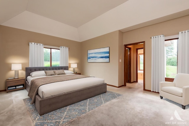10801 Jillian Rd, Orland Park, IL 60467 - bedroom featuring light carpet, multiple windows, baseboards, and lofted ceiling
