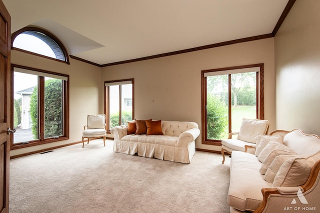 10801 Jillian Rd, Orland Park, IL 60467 - living room with light carpet, plenty of natural light, baseboards, ornamental molding, and vaulted ceiling