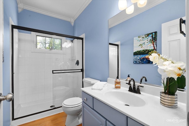 39W835 Carl Sandburg Rd, Saint Charles, IL 60175 - full bathroom with toilet, crown molding, a shower stall, vanity, and wood finished floors