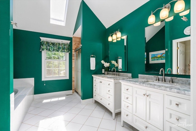 39W835 Carl Sandburg Rd, Saint Charles, IL 60175 - full bath featuring vaulted ceiling, tile patterned flooring, a shower stall, two vanities, and a bath