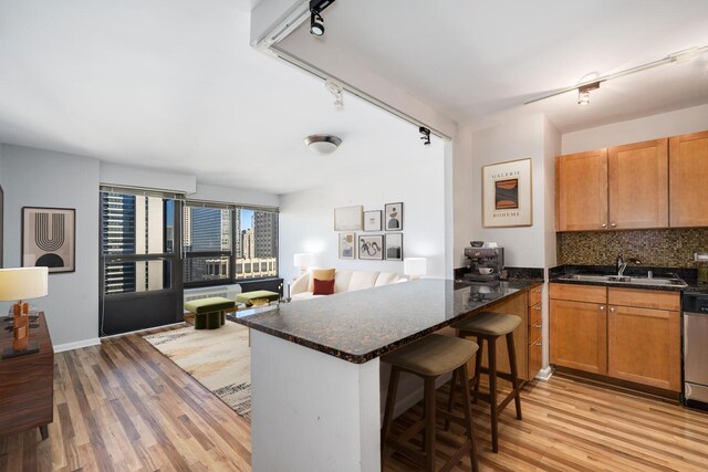 30 E Huron St Unit 4108, Chicago, IL 60611 - kitchen with a sink, a peninsula, light wood finished floors, track lighting, and tasteful backsplash