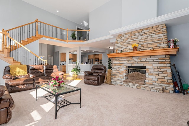 876 Hampstead Ct, Barrington, IL 60010 - living area featuring carpet floors, stairs, a fireplace, a high ceiling, and recessed lighting