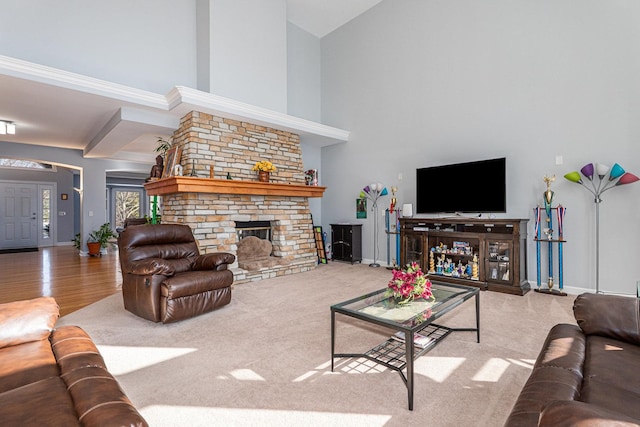 876 Hampstead Ct, Barrington, IL 60010 - living area featuring high vaulted ceiling, baseboards, a brick fireplace, and carpet floors