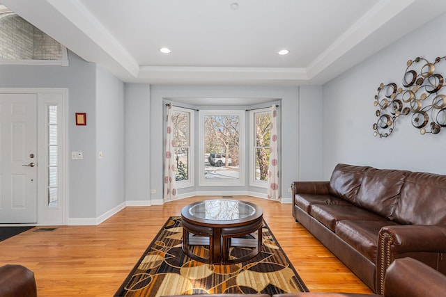 876 Hampstead Ct, Barrington, IL 60010 - living room with light wood finished floors, a tray ceiling, baseboards, and recessed lighting