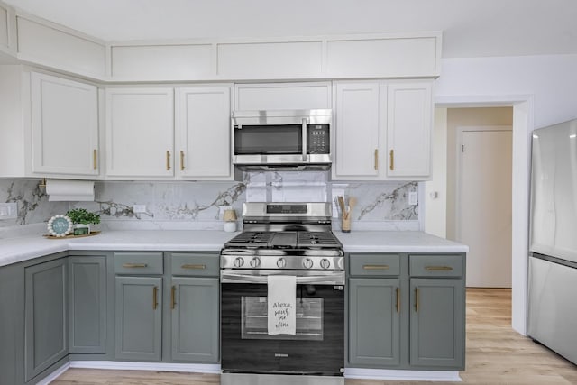 16228 Sussex Ave, Markham, IL 60428 - kitchen featuring stainless steel appliances, gray cabinets, light wood-style floors, backsplash, and light countertops