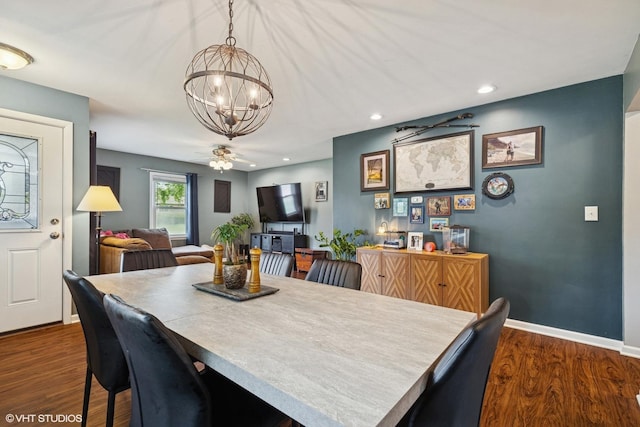 1511 Lakeland Ave, Mchenry, IL 60050 - dining space featuring a chandelier, baseboards, dark wood-style flooring, recessed lighting, and ceiling fan