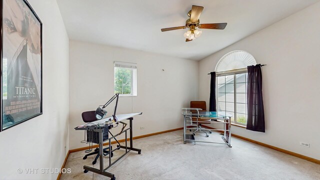 1031 S Wellington Rd, Waukegan, IL 60085 - office area featuring baseboards, carpet floors, and ceiling fan