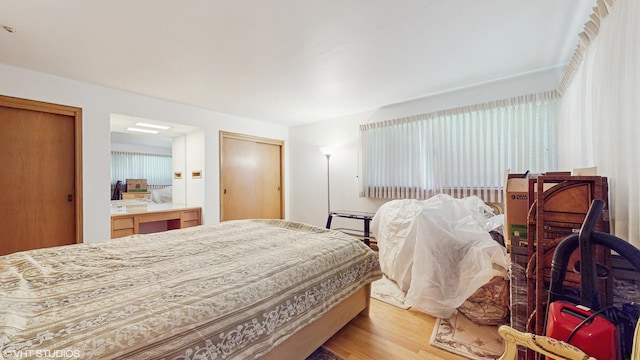 7421 N Crossway Rd, Fox Point, WI 53217 - bedroom featuring light wood finished floors and two closets