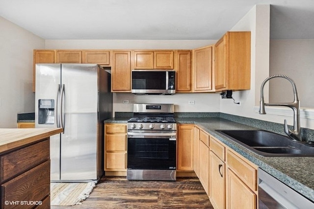 897 Clover Ln, Pingree Grove, IL 60140 - kitchen featuring appliances with stainless steel finishes, a sink, dark wood-style flooring, and dark countertops