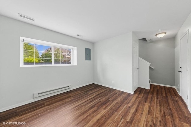 897 Clover Ln, Pingree Grove, IL 60140 - spare room featuring baseboard heating, wood finished floors, electric panel, and baseboards