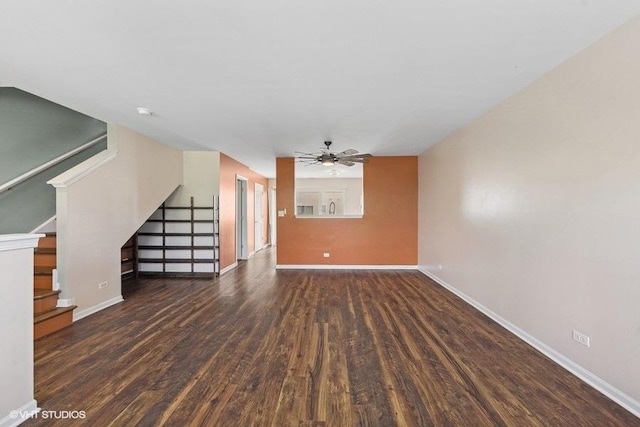 897 Clover Ln, Pingree Grove, IL 60140 - unfurnished living room with wood finished floors, stairway, baseboards, and ceiling fan