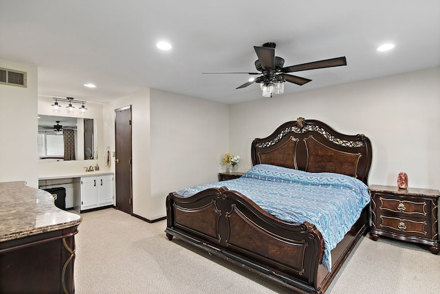 1083 Groton Ct, Schaumburg, IL 60193 - bedroom with light carpet, recessed lighting, ensuite bath, baseboards, and ceiling fan