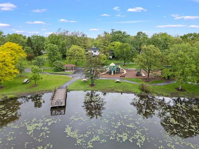 2S644 Devonshire Ln, Glen Ellyn, IL 60137 - surrounding community with a yard, a water view, and view of wooded area