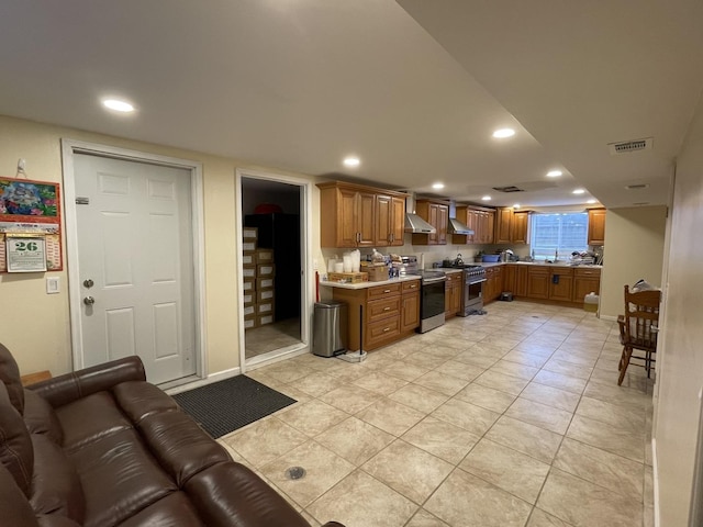 1507 N Ridgeway Ave, Champaign, IL 61821 - kitchen featuring stainless steel electric range oven, high end range, recessed lighting, light countertops, and wall chimney exhaust hood