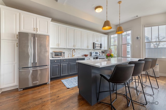 2044 W Roscoe St Unit 2S, Chicago, IL 60618 - kitchen featuring appliances with stainless steel finishes, gray cabinets, dark wood finished floors, a center island, and a breakfast bar