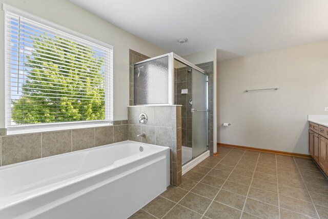 3816 Stockton Dr, Joliet, IL 60436 - bathroom with vanity, a stall shower, tile patterned floors, and a bath