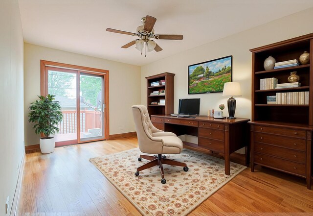 5352 N Neva Ave, Chicago, IL 60656 - home office with light wood-style flooring, ceiling fan, and baseboards