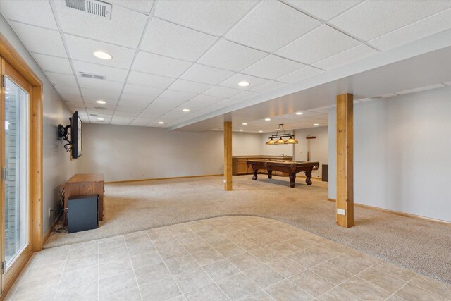717 S Kennedy St, Shannon, IL 61078 - below grade area with light colored carpet, recessed lighting, baseboards, billiards, and a paneled ceiling