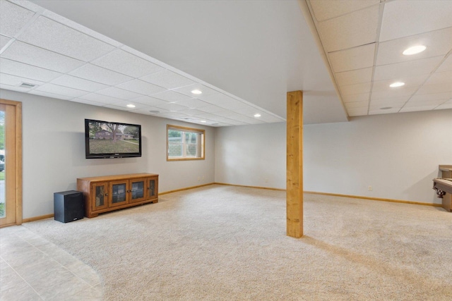 717 S Kennedy St, Shannon, IL 61078 - below grade area featuring carpet flooring, baseboards, recessed lighting, and a drop ceiling