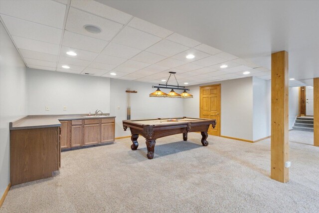 717 S Kennedy St, Shannon, IL 61078 - game room featuring light colored carpet, billiards table, a sink, recessed lighting, and baseboards