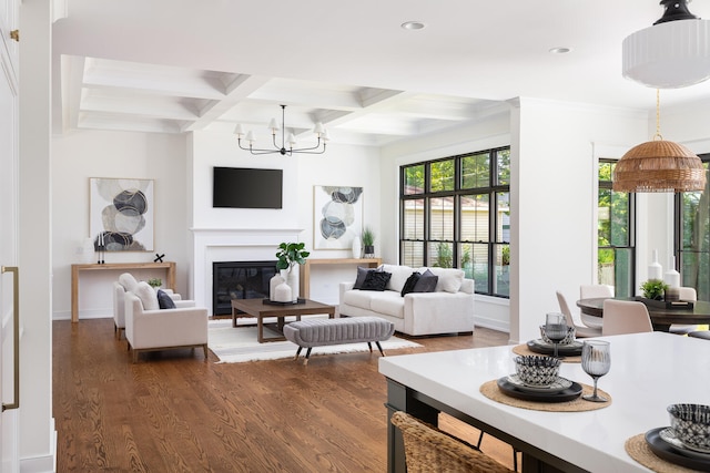 706 S Loomis St, Naperville, IL 60540 - living area with dark wood finished floors, a chandelier, beamed ceiling, coffered ceiling, and recessed lighting