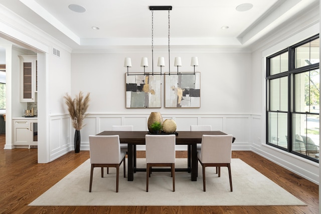 706 S Loomis St, Naperville, IL 60540 - dining room with a tray ceiling, wood finished floors, wainscoting, and a decorative wall