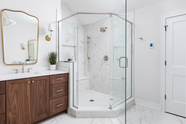 706 S Loomis St, Naperville, IL 60540 - bathroom with marble finish flooring, vanity, a marble finish shower, and baseboards