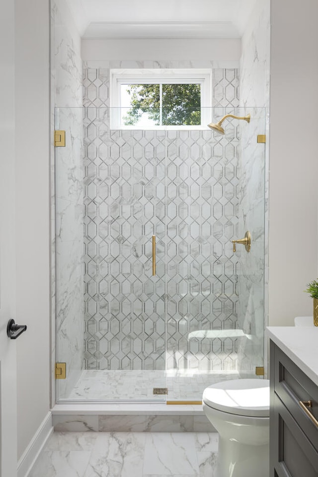 706 S Loomis St, Naperville, IL 60540 - bathroom with a stall shower, toilet, vanity, and marble finish flooring